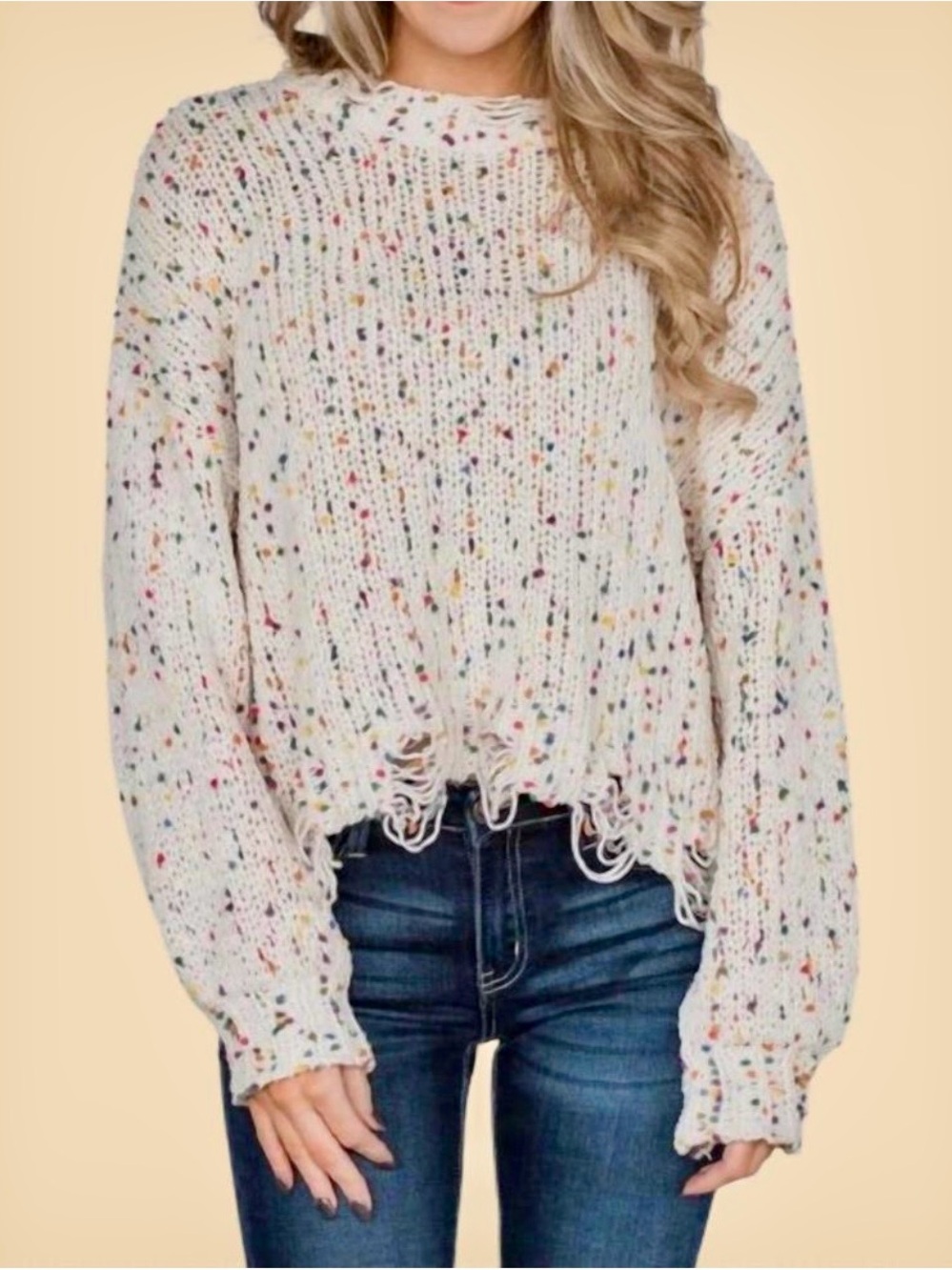 entro White Confetti Distressed Knit Sweater OVERSIZED small fits M/L/XL